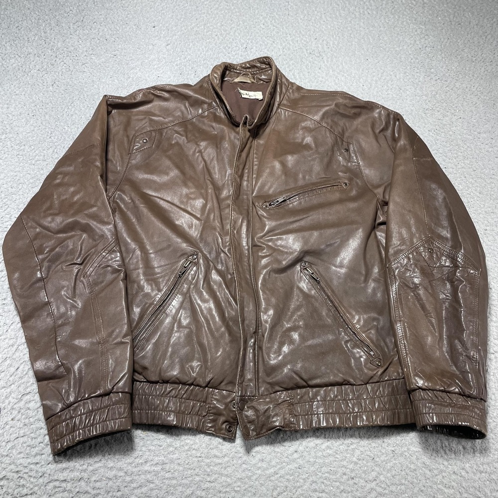 Monet Jacket Mens Small Brown Leather Bomber Elastic Hem Zip Pockets Lined